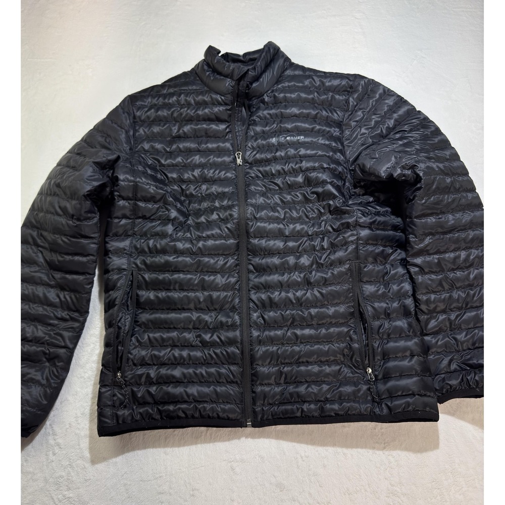 Eddie Bauer Jacket Mens Medium Black Lightweight Down Puffer Full Zip Packable